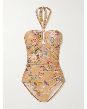 Zimmermann Patience Ruched Floral-Print Halterneck Swimsuit - Weiß