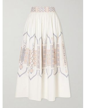 Emporio Sirenuse Ombretta Embroidered Cotton-Blend Poplin Midi Skirt - Natural