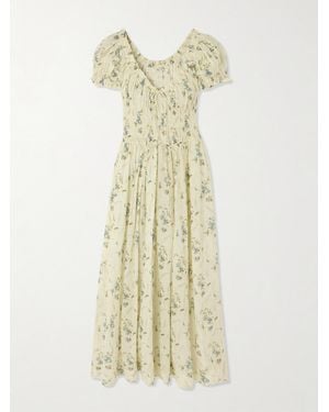 Doen Ashlynn Tie-Detailed Shirred Floral-Print Organic Cotton-Voile Midi Dress - Metallic