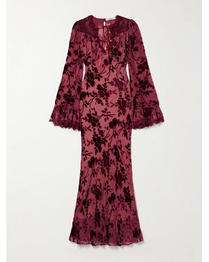 Rodarte Belted Cotton-Blend Lace-Trimmed Devoré-Chiffon Maxi Dress - Red
