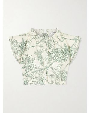 lemlem Muna Cropped Ruched Printed Linen Top - Green