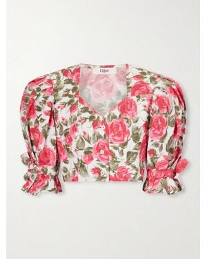 Chloé Cropped Floral-Print Cotton-Poplin Top - Red