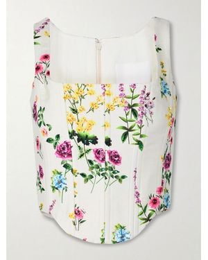 Costarellos Sequin-Embellished Floral-Print Cotton And Linen-Blend Twill Bustier Top - Grey