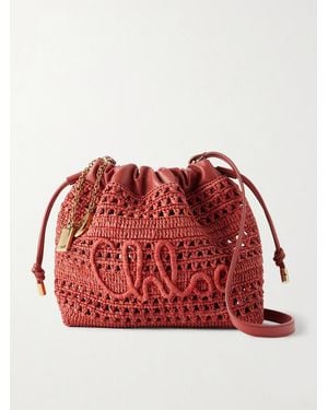 Chloé Summer Banana Leather-Trimmed Raffia Shoulder Bag - Red