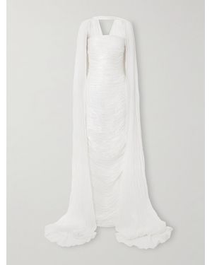 Marmar Halim Cape-Effect Metallic Plissé-Taffeta Gown - White