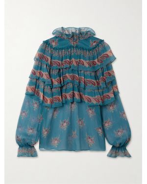 Etro Ruffled Tiered Printed Silk-Chiffon Blouse - Blue