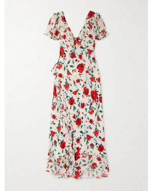 RIXO London Clementina Ruffled Floral-Print Silk Crepe De Chine Midi Dress - White