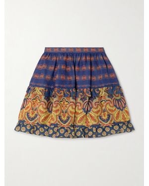 Valentino Garavani Tiered Embroidered Paisley-Print Linen Mini Skirt - Blue