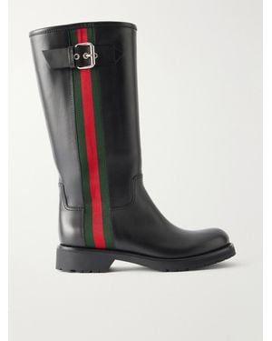 Gucci Web-Detailed Leather Knee Boots - Black