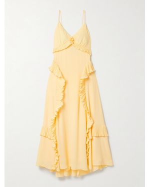 Sea Delilah Ruffled Plissé-Trimmed Crepe De Chine Midi Dress - Yellow