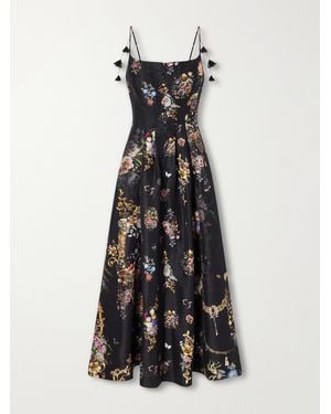 CAMILLA Flamenco Folklore Floral-Print Linen And Silk-Blend Dupioni Midi Dress - White