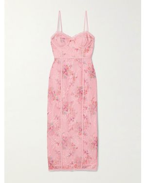 LoveShackFancy Tresor Crepe De Chine-Trimmed Floral-Print Lace Midi Dress - Pink