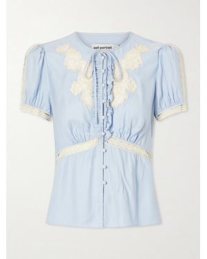 Self-Portrait Ruffled Lace-Trimmed Satin Blouse - Blue