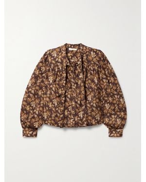 Doen Net Sustain Norma Pussy-Bow Floral-Print Cotton-Poplin Blouse - Brown