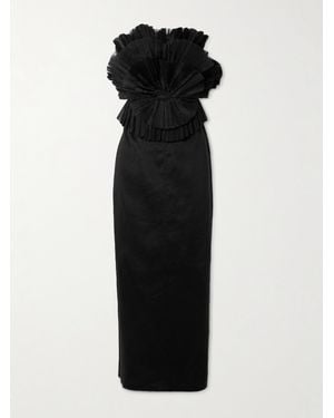 Aje. Kira Strapless Linen-Blend And Ruffled Plissé-Cotton Maxi Dress - Black