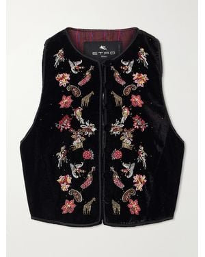 Etro Bead-Embellished Cropped Velvet Vest - Black
