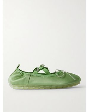 Simone Rocha Grosgrain-Trimmed Crystal-Embellished Pleated Satin Ballet Flats - Green