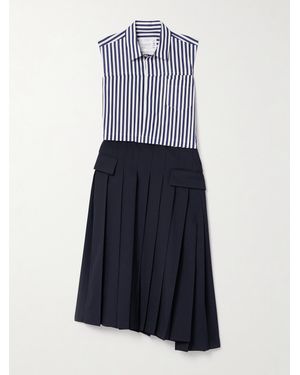 Sacai Striped Asymmetric Pleated Cotton-Poplin And Woven Midi Dress - Blue