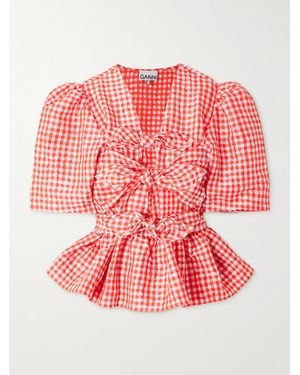 Ganni Bow-Detailed Gingham Crinkled-Taffeta Peplum Blouse - Red