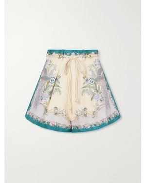 Zimmermann Indra Belted Mid-Rise Floral-Print Linen Shorts - Blue