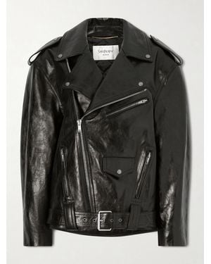 Saint Laurent Glossed Textured-Leather Biker Jacket - Noir
