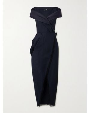 Etro Off-The-Shoulder Twill-Trimmed Frayed Silk-Blend Jacquard Wrap Gown - Blue