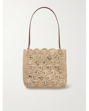 Rabanne Leather-Trimmed Embellished Woven Raffia Shoulder Bag - Natural