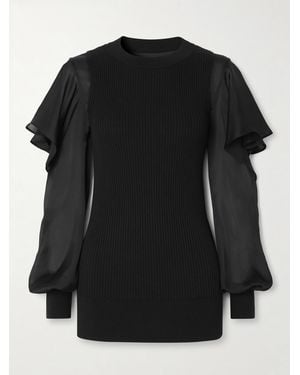 Sacai Ribbed Cotton And Ruffled Chiffon Top - Black