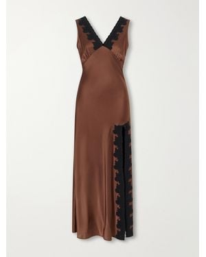 Miguelina Lace-Trimmed Silk-Blend Satin Midi Dress - Brown