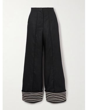 ANDRES OTALORA Tu Sutileza Embroidered Linen Wide-Leg Trousers - Black