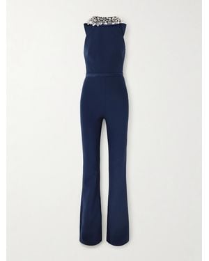 Safiyaa Luna Embellished Duchesse Satin-Trimmed Crepe Jumpsuit - Blue