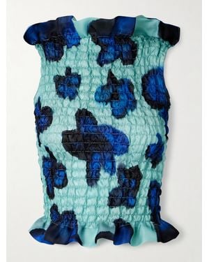 Conner Ives Ruffled Shirred Floral-Print Silk-Satin Top - Blue