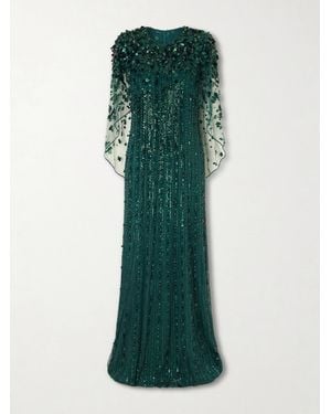 Jenny Packham Nettie Embellished Sequined Tulle Gown - Green