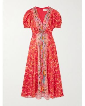 Saloni Lea Printed Silk-Satin Midi Dress - Red