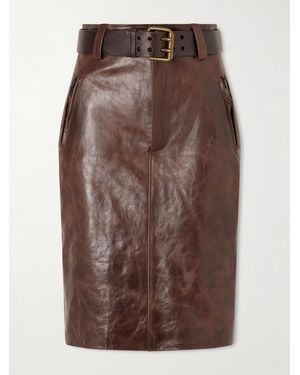Saint Laurent Belted Leather Pencil Skirt - Brown