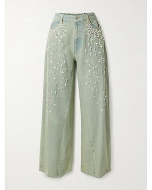Sea Perlette Embellished Low-Rise Wide-Leg Jeans - Green