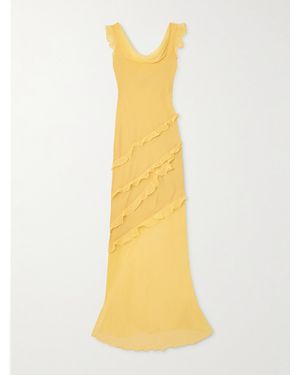 Saloni Renu Draped Ruffled Silk-Blend Crepon Gown - Yellow