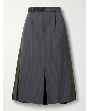 Sacai Belted Panelled Striped Woven And Pleated Satin-Twill Midi Skirt - Grey