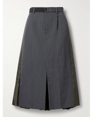 Sacai Belted Paneled Striped Woven And Pleated Satin-Twill Midi Skirt - Gray