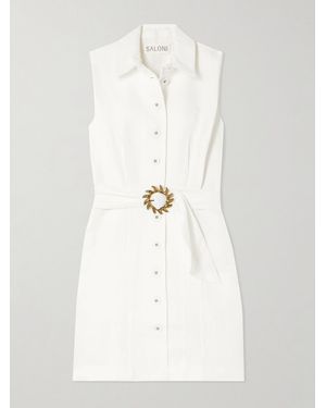 Saloni Nya Belted Cotton, Linen And Silk-Blend Mini Shirt Dress - White