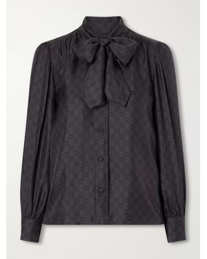 Gucci Gg Supreme Pussy-Bow Silk-Twill Blouse - Black
