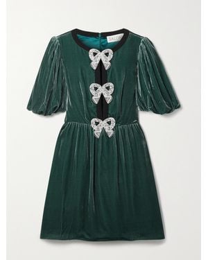 Saloni Camille Bow-embellished Crepe-trimmed Velvet Mini Dress - Green