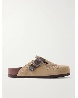 Etro Birkenstock Boston Embroidered Leather-Trimmed Suede Mules - White