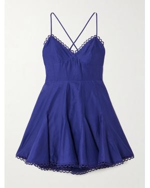Charo Ruiz Marlene Pleated Guipure Lace-Trimmed Cotton-Blend Voile Mini Dress - Blue