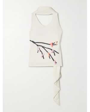 Conner Ives Tie-Neck Appliquéd Stretch-Micro Modal Jersey Tank - White