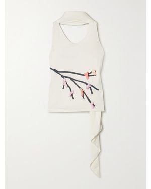 Conner Ives Tie-Neck Appliquéd Stretch-Micro Modal Jersey Tank - White