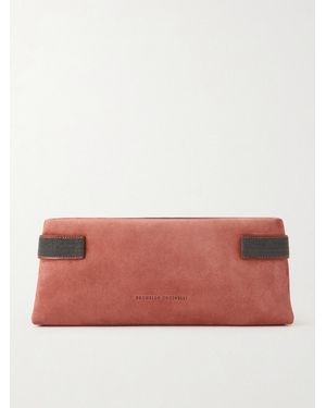 Brunello Cucinelli Essence Bead-Embellished Leather-Trimmed Suede Clutch - Pink
