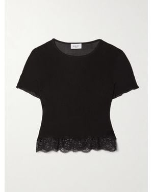 Saint Laurent Cropped Lace-Trimmed Ribbed Silk Top - Black