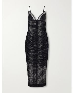 Dolce & Gabbana Gathered Satin-Trimmed Chantilly Lace Midi Dress - Blue