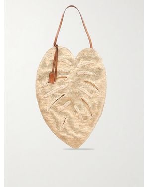 STAUD Palm Leather-Trimmed Raffia Tote - White